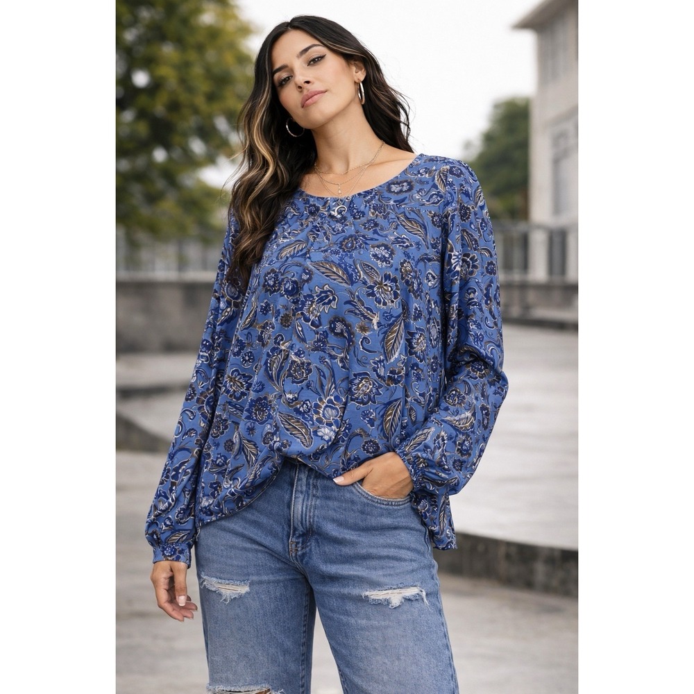 J Jill Blue Floral Round Neck Back Button Long Elastic Sleeve Poly Tunic Top Ana
